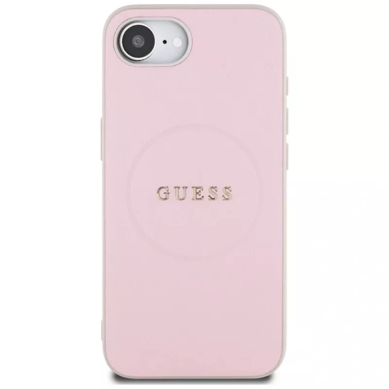 Guess Grained Ring MagSafe dėklas, skirtas Apple iPhone 16e (rožinis)