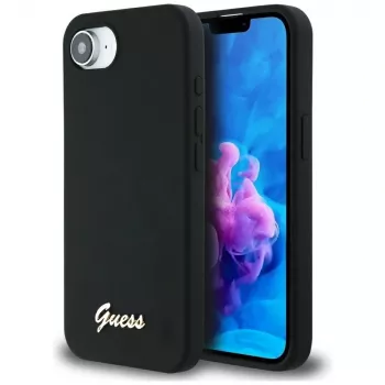 Guess Silicone Script Metal Logo MagSafe Case, skirta iPhone 16e (juoda)