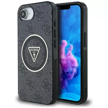Guess IML Metal Glitter 4G Circle Triangle MagSafe dėklas, skirtas iPhone 16e (juodas)