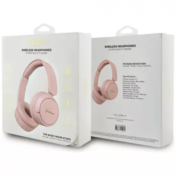 Guess Metal Logo Script belaidės Bluetooth 5.3 ausinės ant ausų (rožinės)