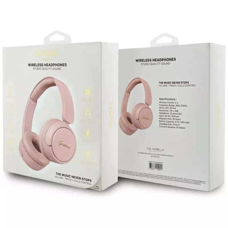 Guess Metal Logo Script belaidės Bluetooth 5.3 ausinės ant ausų (rožinės)
