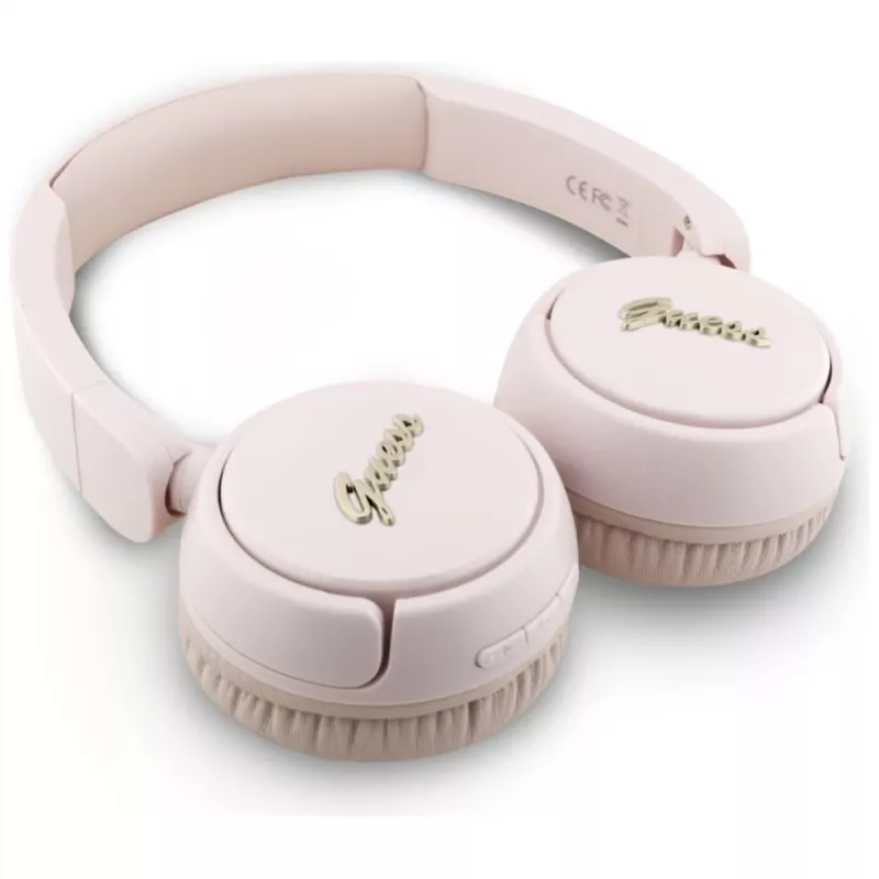 Guess Metal Logo Script belaidės Bluetooth 5.3 ausinės ant ausų (rožinės)