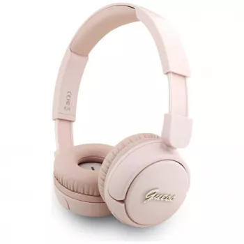 Guess Metal Logo Script belaidės Bluetooth 5.3 ausinės ant ausų (rožinės)