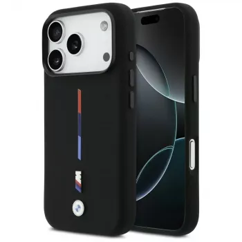 BMW M Silicon Tricolor Line MagSafe Case, skirtas iPhone 17 Pro, juodos spalvos