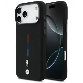 BMW M Silicon Tricolor Line MagSafe dėklas, skirtas Apple iPhone 17 Pro Max, juodas