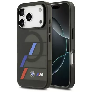 BMW M IML metaliniais mygtukais trispalvėmis linijomis MagSafe dėklas iPhone 17 Pro juodas