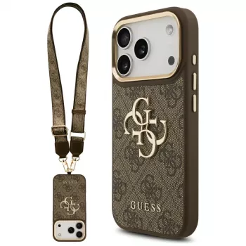 Guess 4G Big Classic Logo BigStrap Metal Buttons Dėklas, skirtas Apple iPhone 17 Pro, Ruda