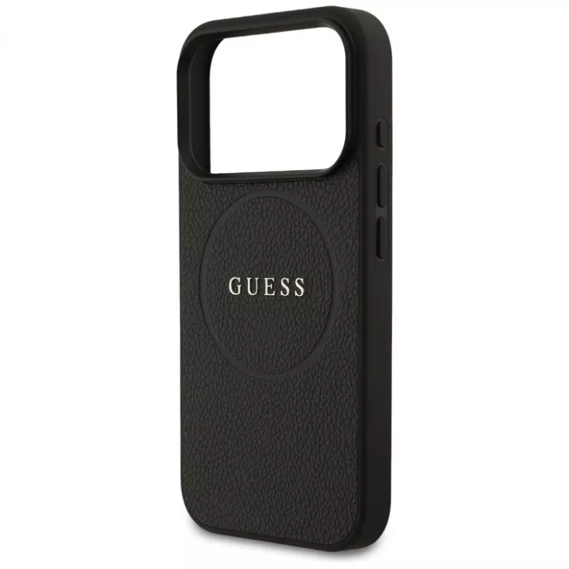 Guess Grained Ring MagSafe dėklas, skirtas iPhone 17 Pro Max (juodas)