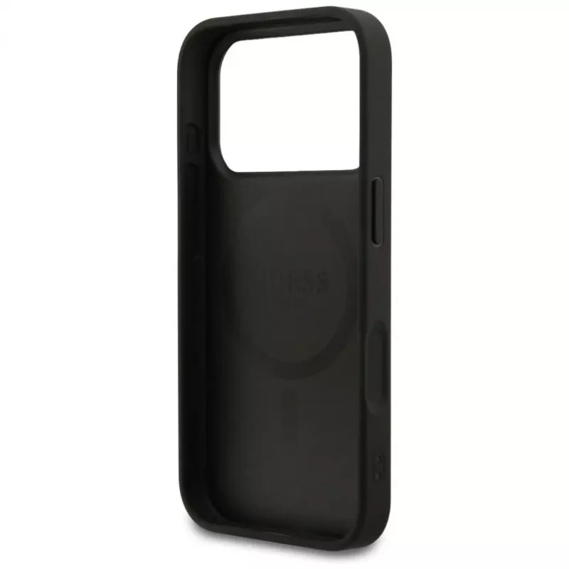 Guess Grained Ring MagSafe dėklas, skirtas iPhone 17 Pro Max (juodas)