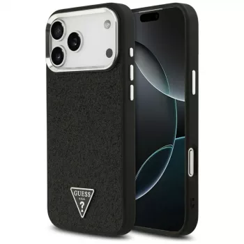 Guess Glitter Triangle Logo MagSafe dėklas, skirtas iPhone 17 Pro Max, juodas