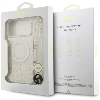 Guess IML Flowers Electro Pearl Strap MagSafe Case, skirtas iPhone 17 Pro Max, baltas