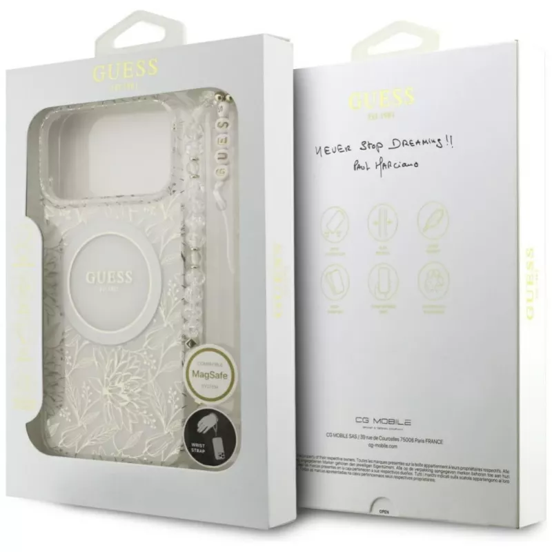 Guess IML Flowers Electro Pearl Strap MagSafe Case, skirtas iPhone 17 Pro Max, baltas