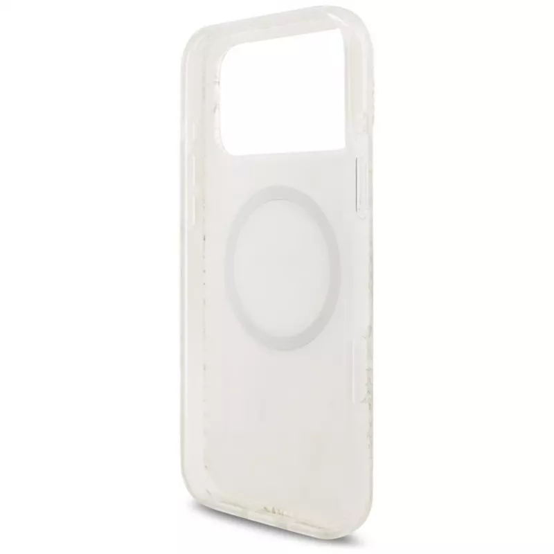 Guess IML Flowers Electro Pearl Strap MagSafe Case, skirtas iPhone 17 Pro Max, baltas