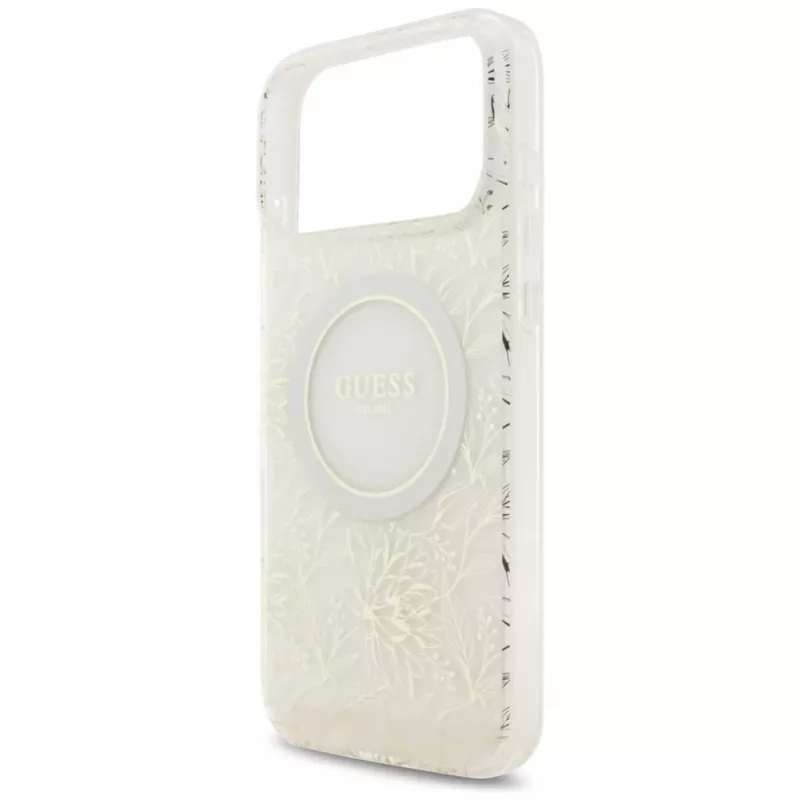 Guess IML Flowers Electro Pearl Strap MagSafe Case, skirtas iPhone 17 Pro Max, baltas