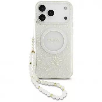Guess IML Flowers Electro Pearl Strap MagSafe Case, skirtas iPhone 17 Pro Max, baltas