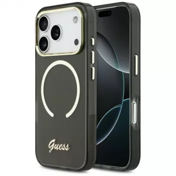 Guess IML Script Metal MagSafe dėklas, skirtas Apple iPhone 17 Pro, juodas