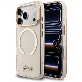 Guess IML Script Metal MagSafe dėklas, skirtas iPhone 15 Pro, rožinis