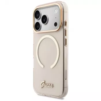 Guess IML Script Metal MagSafe dėklas, skirtas iPhone 15 Pro, rožinis