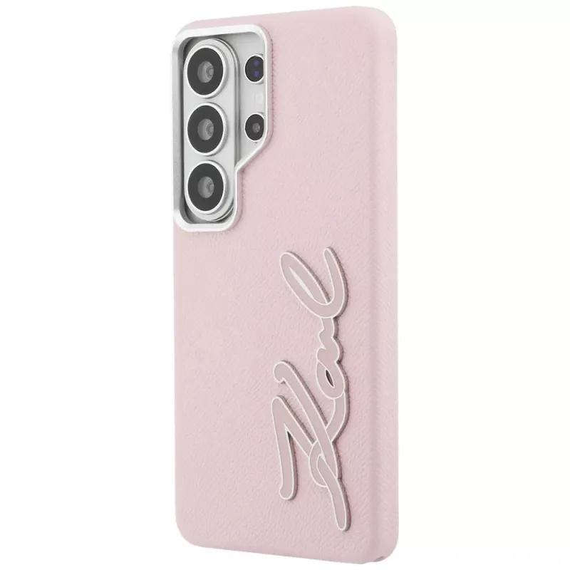KARL LAGERFELD Grained Signature Metal Resin Logo Case, skirta Samsung Galaxy S26 Ultra, rožinė