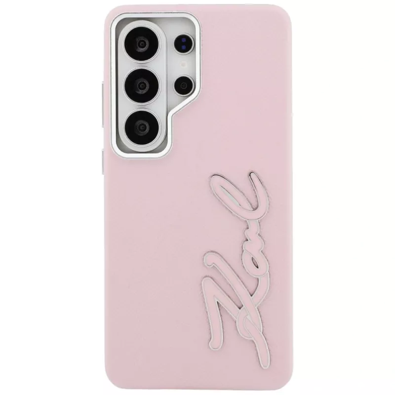 KARL LAGERFELD Grained Signature Metal Resin Logo Case, skirta Samsung Galaxy S26 Ultra, rožinė