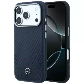 Mercedes Leather Semi Wrap Wood Effect MagSafe Case, skirta iPhone 17 Pro Max, tamsiai mėlyna
