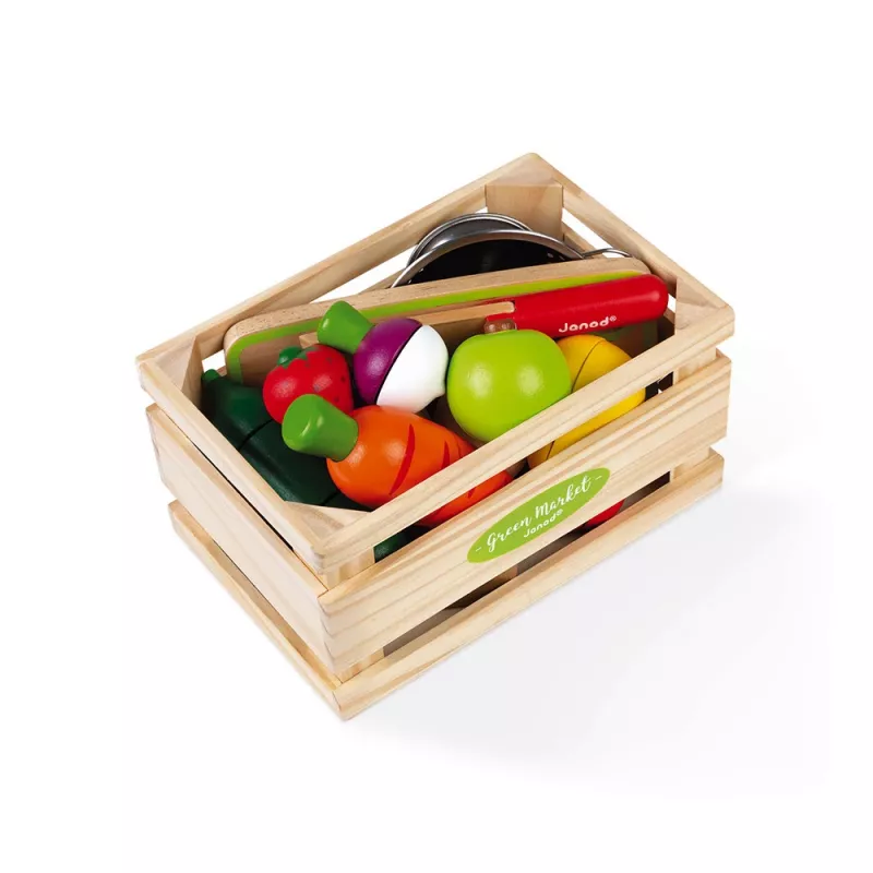 Janod Wooden Fruit and Vegetable Cutting Box Set - 18 Pieces Pretend Play Food with Knife and Cutting Board