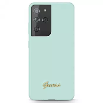 Guess GUHCS21LLSLMGLB Silicone Script Metal Logo Back Cover, skirta Samsung Galaxy S21 Ultra (mėlyna)