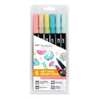 Tombow ABT-6P-4 Dual Brush Pen rinkinys – 6 rašikliai – smulkus ir šepetėlio antgalis – įvairiaspalvis – apvalus