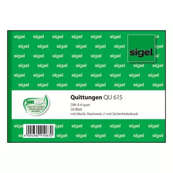 Sigel QU615 kvitų knygelė, A6 gulsčioji, 50 lapų, žalia