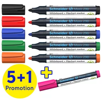 Schneider Maxx 290 Whiteboard ir Flipchart žymeklių rinkinys, 6 vnt., įvairių spalvų, 2,0–3,0 mm