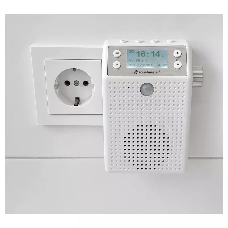 Soundmaster DAB60WE kištukinis radijas DAB+, FM, Bluetooth, USB laisvų rankų funkcija, atsparus vandens purslams, baltas