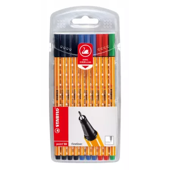 STABILO point 88 Fineliner rašiklis 0,4 mm - įvairių spalvų (juoda, mėlyna, žalia, raudona) - lizdinė pakuotė