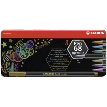 STABILO Pen 68 Metallic rašiklių rinkinys su pluoštiniu antgaliu - vidutinis - 8 įvairių metalinių spalvų - apvalus antgalis - 1,4 mm linijos plotis