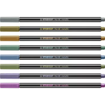 STABILO Pen 68 Metallic rašiklių rinkinys su pluoštiniu antgaliu - vidutinis - 8 įvairių metalinių spalvų - apvalus antgalis - 1,4 mm linijos plotis
