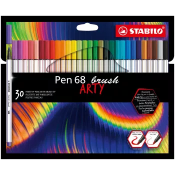 STABILO Pen 68 brush ARTY Edition rinkinys – 30 įvairių spalvų teptukinių rašiklių kartoninėje dėžutėje