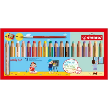 STABILO Woody 3-in-1 Multi-Talent Pieštukas 7,6 cm 18 dalių pastelinis rinkinys su teptuku