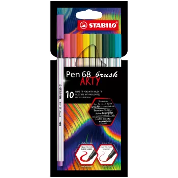 STABILO Pen 68 Brush ARTY Edition šepetėlių rašiklių rinkinys – 10 įvairių spalvų kartoninėje dėžutėje
