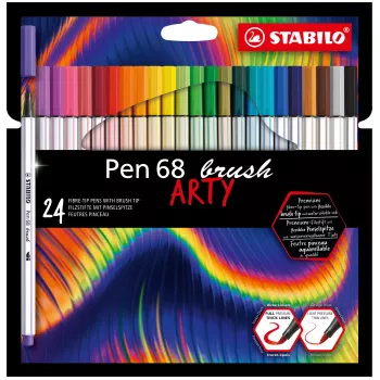 STABILO Pen 68 Brush ARTY Edition 24 vnt. kartoninė dėžutė – lankstūs šepetėlio antgalio flomasteriai rankiniam užrašymui, bullet journaling ir iliustracijoms