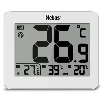 MEBUS 1074 Skaitmeninis termometras su vidaus ir lauko temperatūra, LCD ekranu, montuojamas ant sienos, baltas