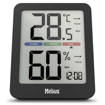 Mebus 11115 Termo-higrometras analoginis, montuojamas ant sienos, vidaus termometras ir drėgmės matuoklis su komforto zonos indikatoriumi – baltas/sidabrinis