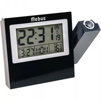 MEBUS 42424 Projektorinis radijo bangomis valdomas žadintuvas su DCF77, raudona LED projekcija, LCD ekranu, dvigubu žadintuvu, patalpų temperatūra, mėlynu foniniu apšvietimu, juodas