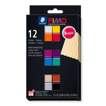 STAEDTLER FIMO 8043 C Modelino molio rinkinys – 12 spalvų – juoda, mėlyna, šampano, žalia, pilka, raudonai violetinė, oranžinė, raudona, terakota, violetinė, balta, geltona – 12 x 25 g blokeliai – orkaitėje kietėjantis polimerinis molis – minkštas – 110 °