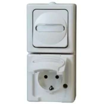 HEINRICH KOPP Kombinacija vertikalus jungiklis/Schuko kištukinis lizdas paviršinis montavimas atsparus drėgmei IP44 Arktis Arctic White (130802000)