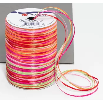 C.E. PATTBERG Raffia dovanų juostelė matinė rožinė/raudona/oranžinė/žalia 3,0 mm x 50,0 m