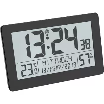 TFA Dostmann 60.2557.01 Radijo valdomas laikrodis su patalpų klimato rodmenimis, didelis ekranas, juodas