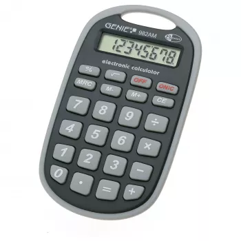 Genie 982 AM kišeninis skaičiuotuvas su apsauginiu dėklu, 8 skaitmenų LCD ekranas, dvigubas maitinimas (saulės ir baterija), juoda/pilka