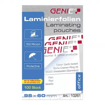 Genie 10261 Laminavimo maišeliai permatomi 95x60mm 100 vnt.