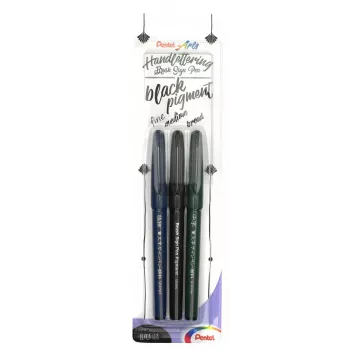 Pentel Arts Sign Pen Brush kaligrafinių rašiklių rinkinys, juodas, 3 vnt.