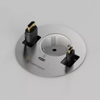 Kindermann CablePort table³ Įleidžiamasis stalo jungties blokas su 2x Schuko, 2x RJ45, 1x HDMI, 1x USB-A, sidabrinis/juodas