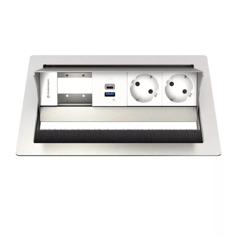 Kindermann CP Standard² VA 4f. stalviršio jungčių panelė su 2x Schuko lizdais ir 1x USB-A įkrovimo prievadu, sidabrinė/juoda